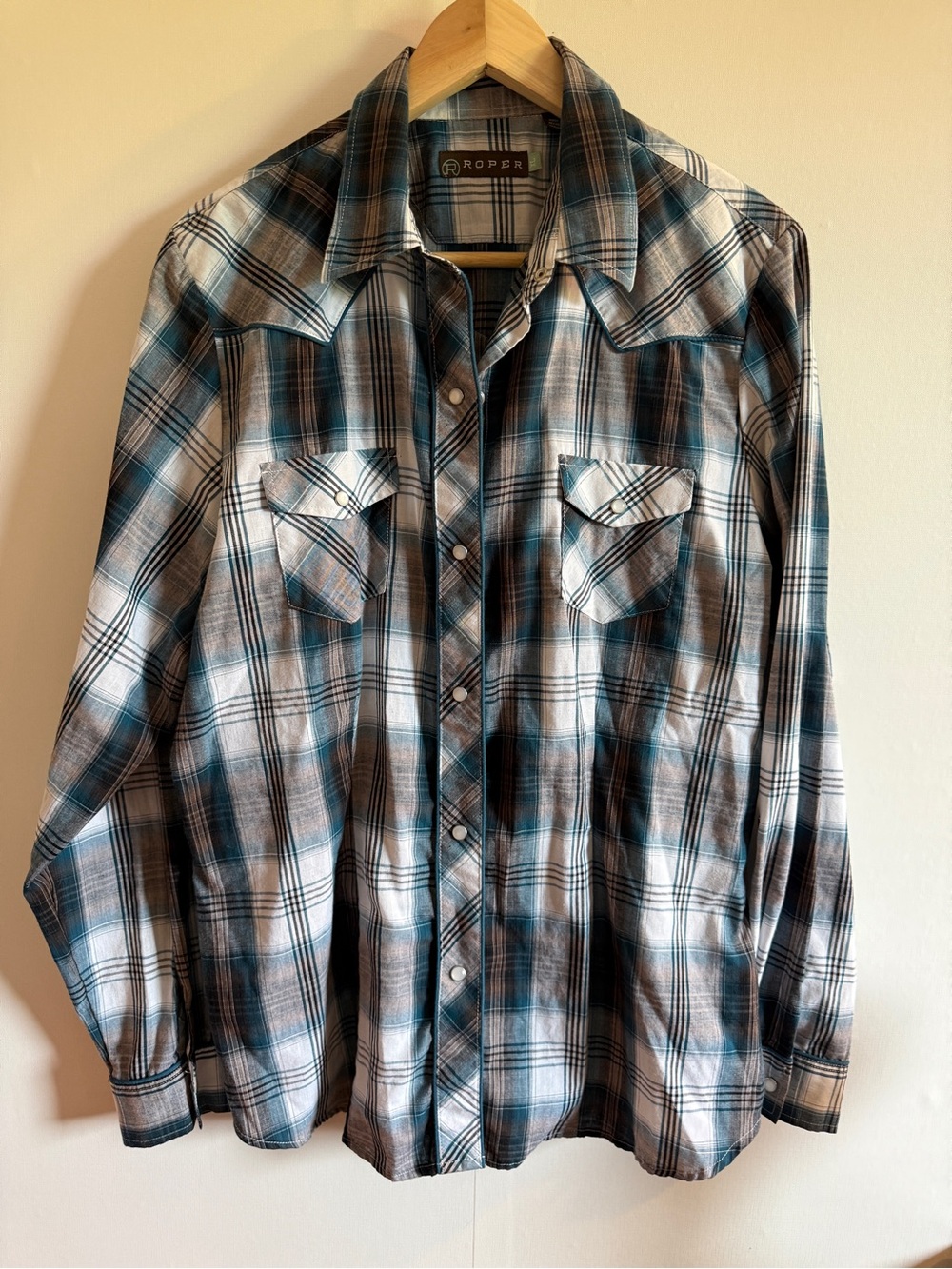 Roper Western Pearl Snap Plaid Shirt Embroidered Back Size XL